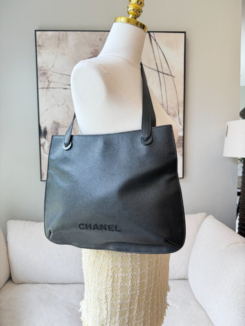 CHANEL Vintage 1997-99 Black Leather Embroidered Logo Shoulder Tote Bag